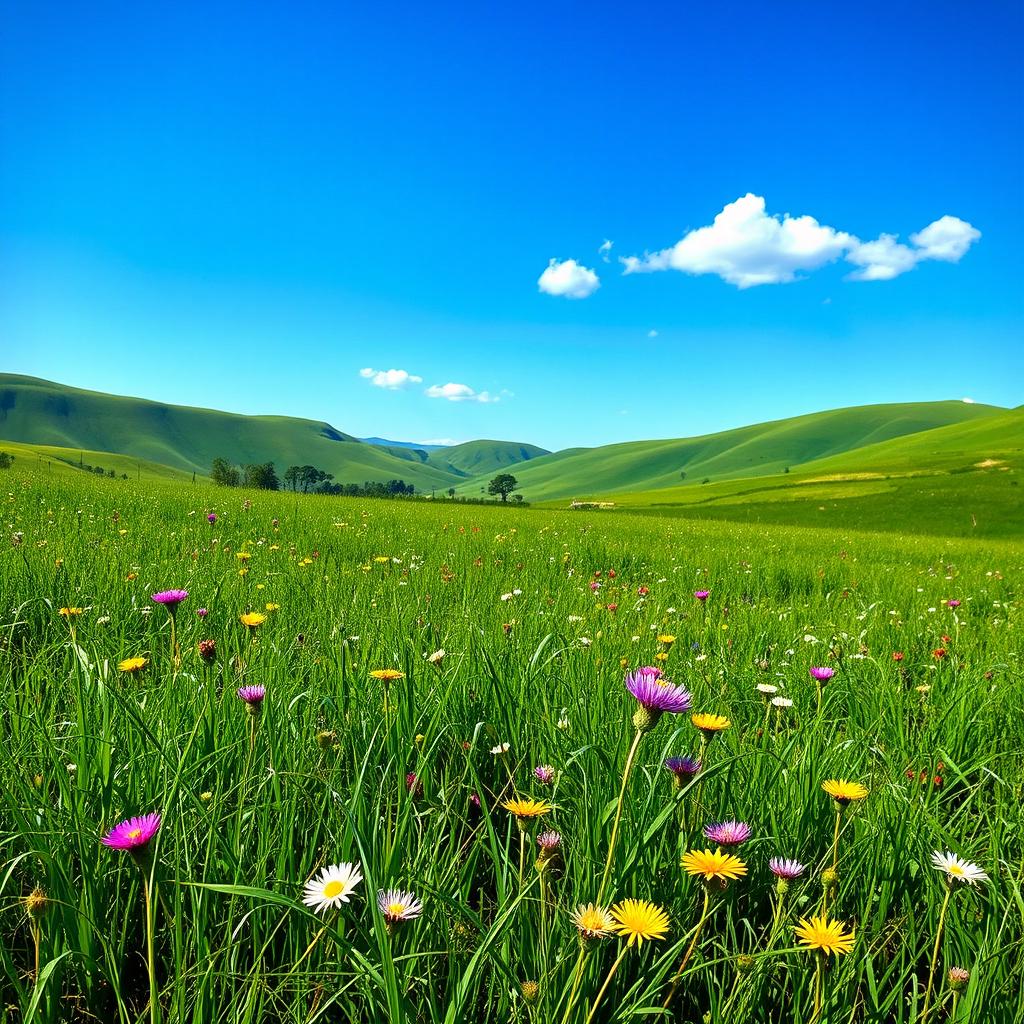 A serene landscape featuring a lush green meadow with wildflowers in a variety of colors, gently swaying in the breeze under a clear blue sky
