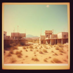 An old Polaroid photograph displaying an 80s sound stage set as a cityscape, bizarrely positioned in the heart of a vast desert.