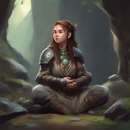 Nestled in a secluded cavern, a female dwarf druid in robust heavy armor meditates, her communion with nature evident as wooden splinters and rocks float around her, tracing intricate patterns in the soft cavern light.