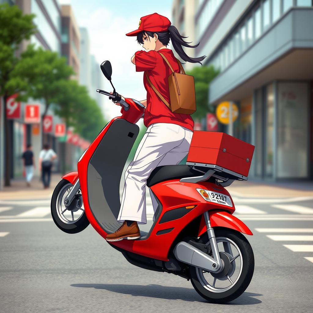 An anime girl wearing a striking red pizza delivery uniform with long white sporty pants, skillfully performing a wheelie on her scooter, lifting the front wheel at a 75-degree angle upwards