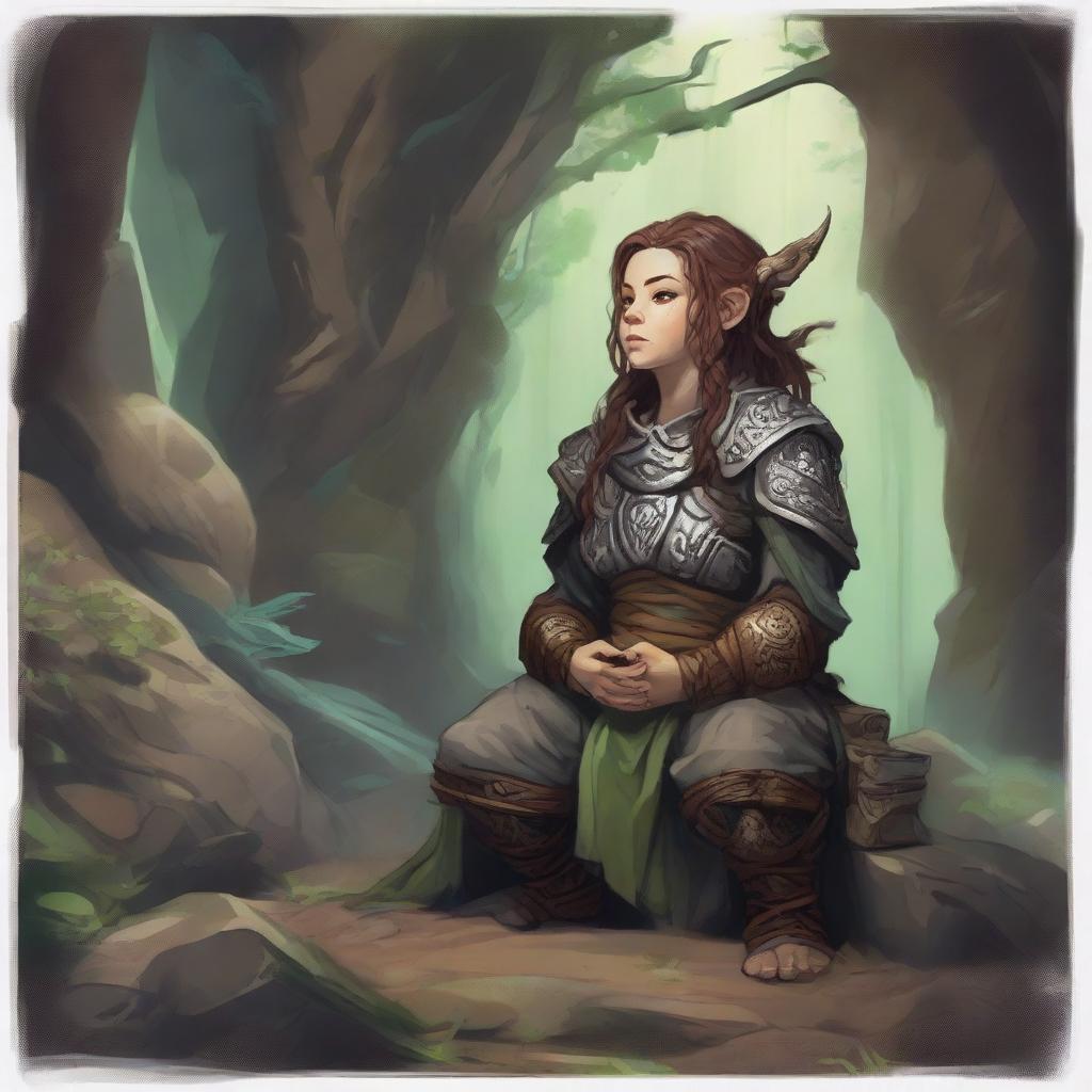 Nestled in a secluded cavern, a female dwarf druid in robust heavy armor meditates, her communion with nature evident as wooden splinters and rocks float around her, tracing intricate patterns in the soft cavern light.