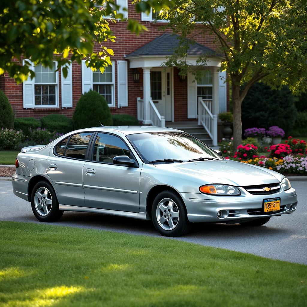 A 2005 Chevy Cavalier parked in a cozy suburban driveway, showcasing its sleek silver exterior that beautifully reflects the soft morning sunlight