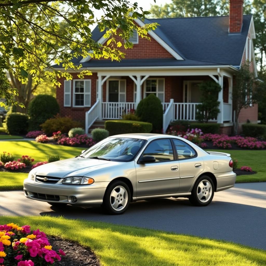 A 2005 Chevy Cavalier parked in a cozy suburban driveway, surrounded by a well-manicured lawn filled with vibrant blooming flower beds