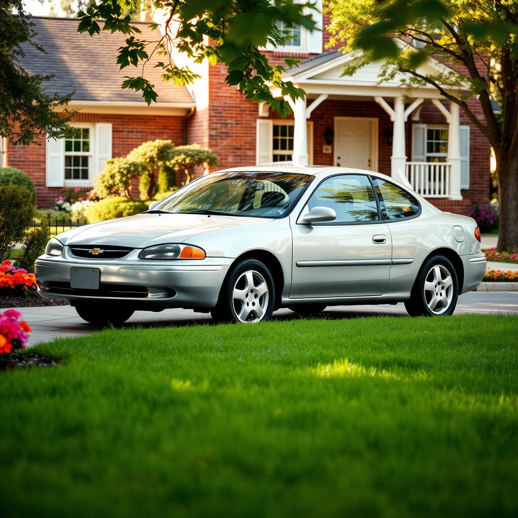 A 2005 Chevy Cavalier parked in a cozy suburban driveway, surrounded by a well-manicured lawn lush with colorful blooming flower beds