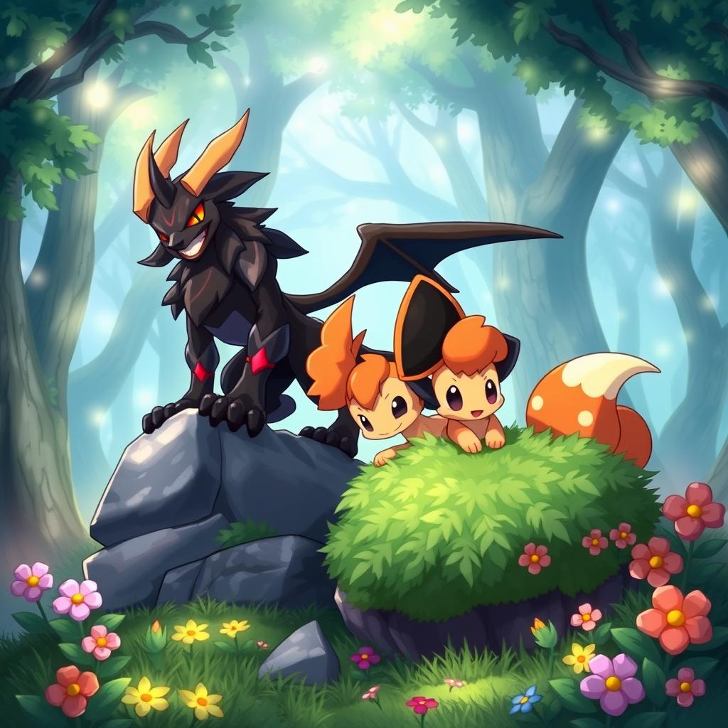 A vibrant fanart illustration featuring a fierce Houndoom and an adorable Vulpix from Pokémon
