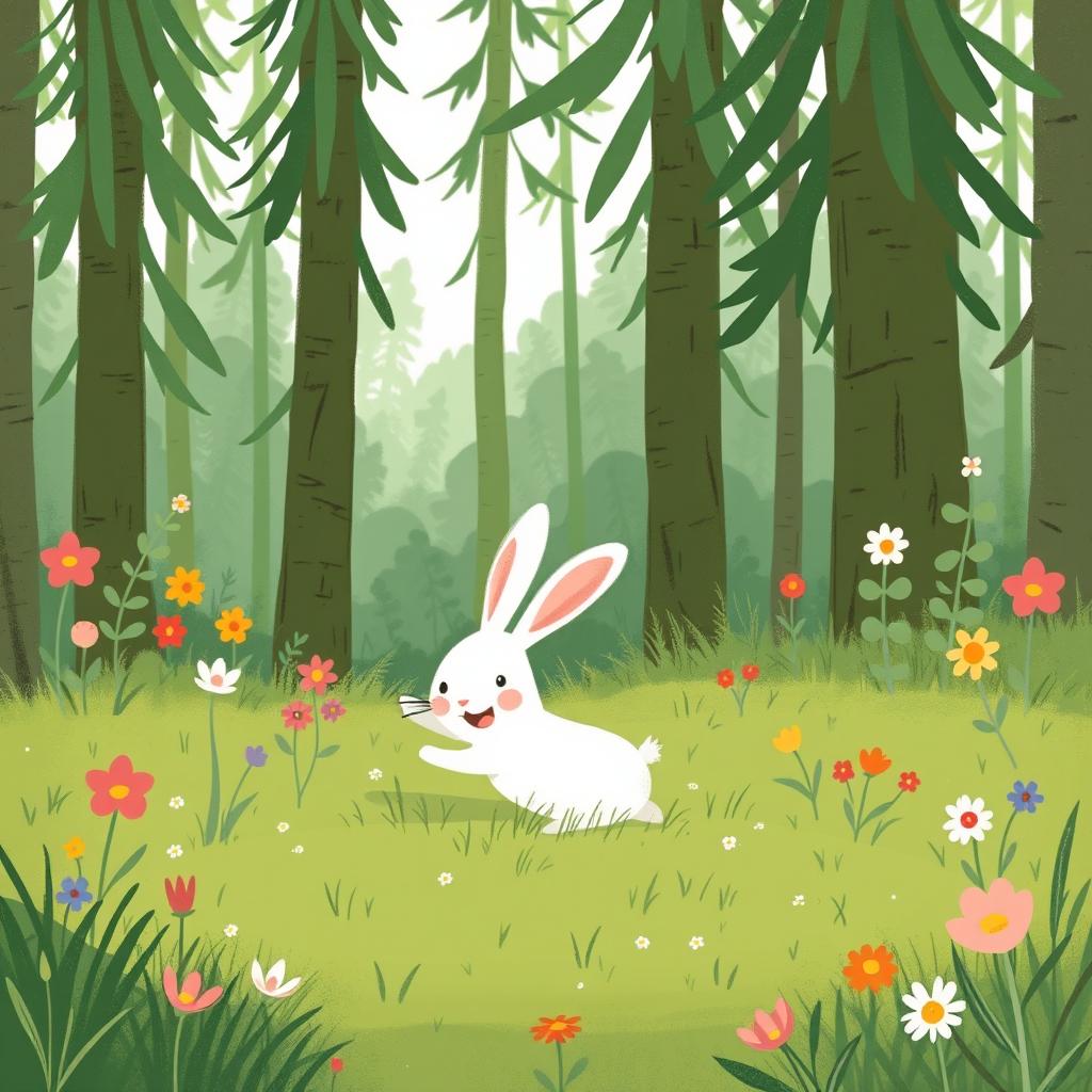 In a lush green forest, a cute little white rabbit is joyfully playing on the soft grass, surrounded by colorful flowers and tall trees
