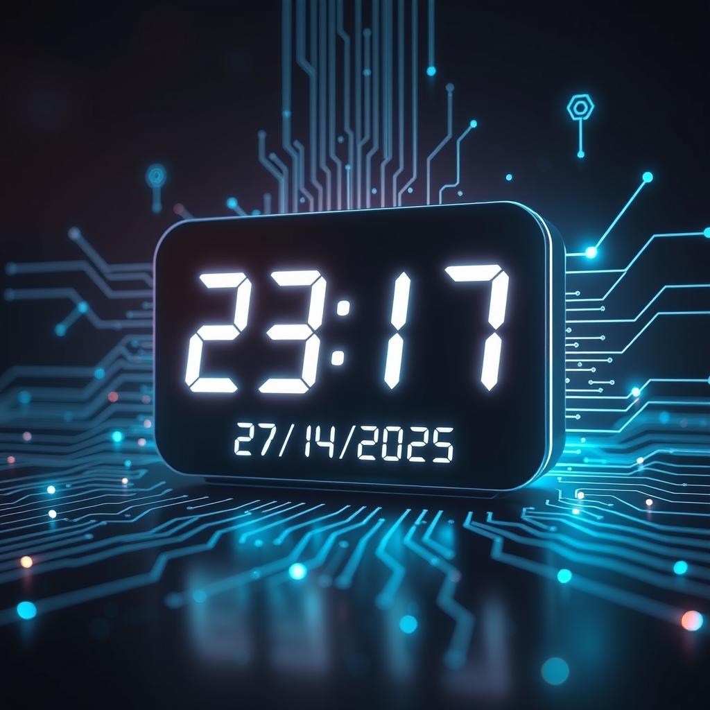 An artistic representation of a digital clock displaying the time '23:17' on the date '27/4/2025'