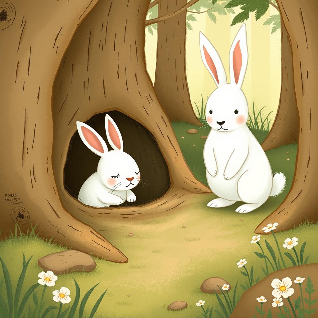 In a cozy forest setting, a small white rabbit has just woken up in its snug burrow, looking a bit drowsy and adorable