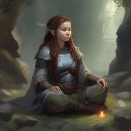 Nestled in a secluded cavern, a female dwarf druid in robust heavy armor meditates, her communion with nature evident as wooden splinters and rocks float around her, tracing intricate patterns in the soft cavern light.