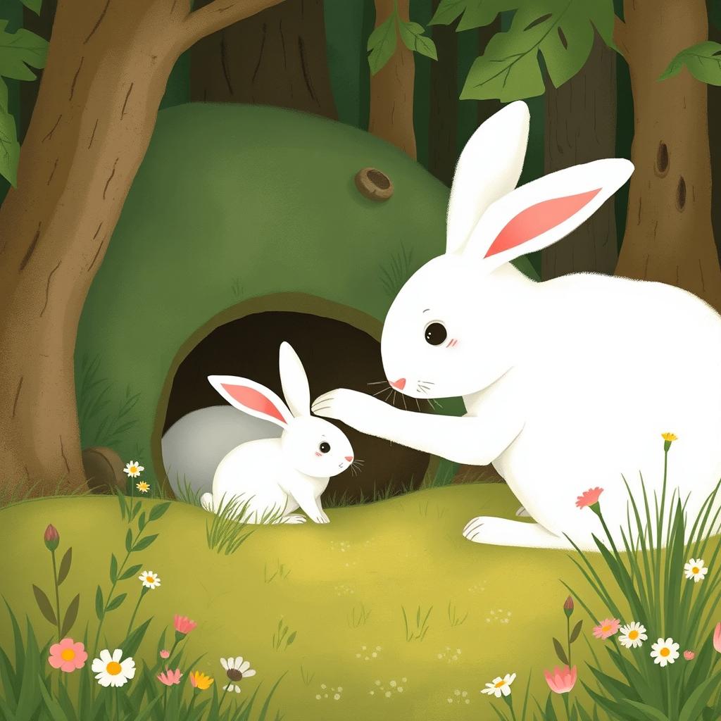 In a serene forest scene near a cozy rabbit burrow, a large white rabbit gently pats the head of a small white rabbit, showcasing a tender and protective interaction between the two