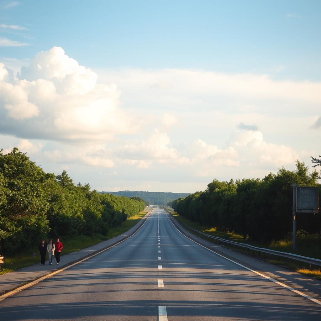 A serene view of a deserted highway extending into the distance, flanked by lush greenery and trees