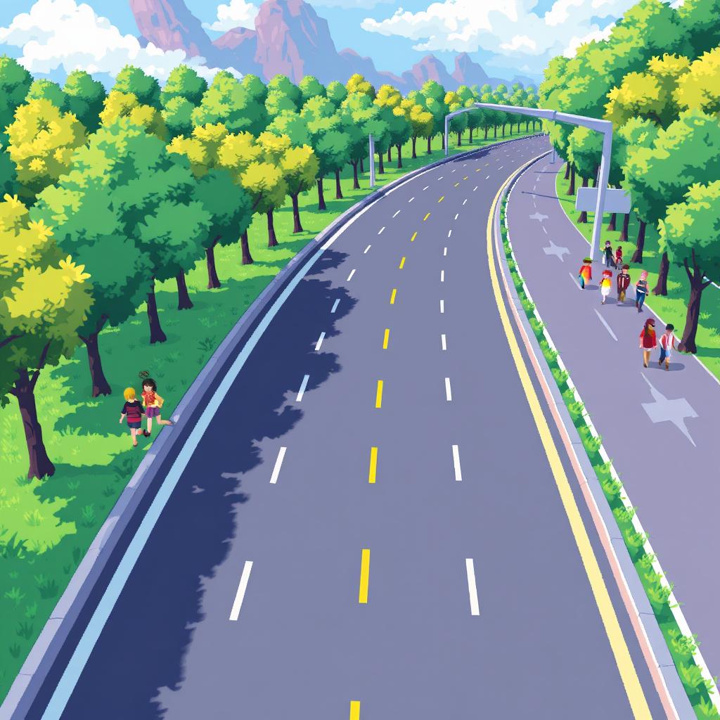 A vibrant pixel art scene depicting a highway from a top-down perspective, showcasing a long stretch of road without any cars
