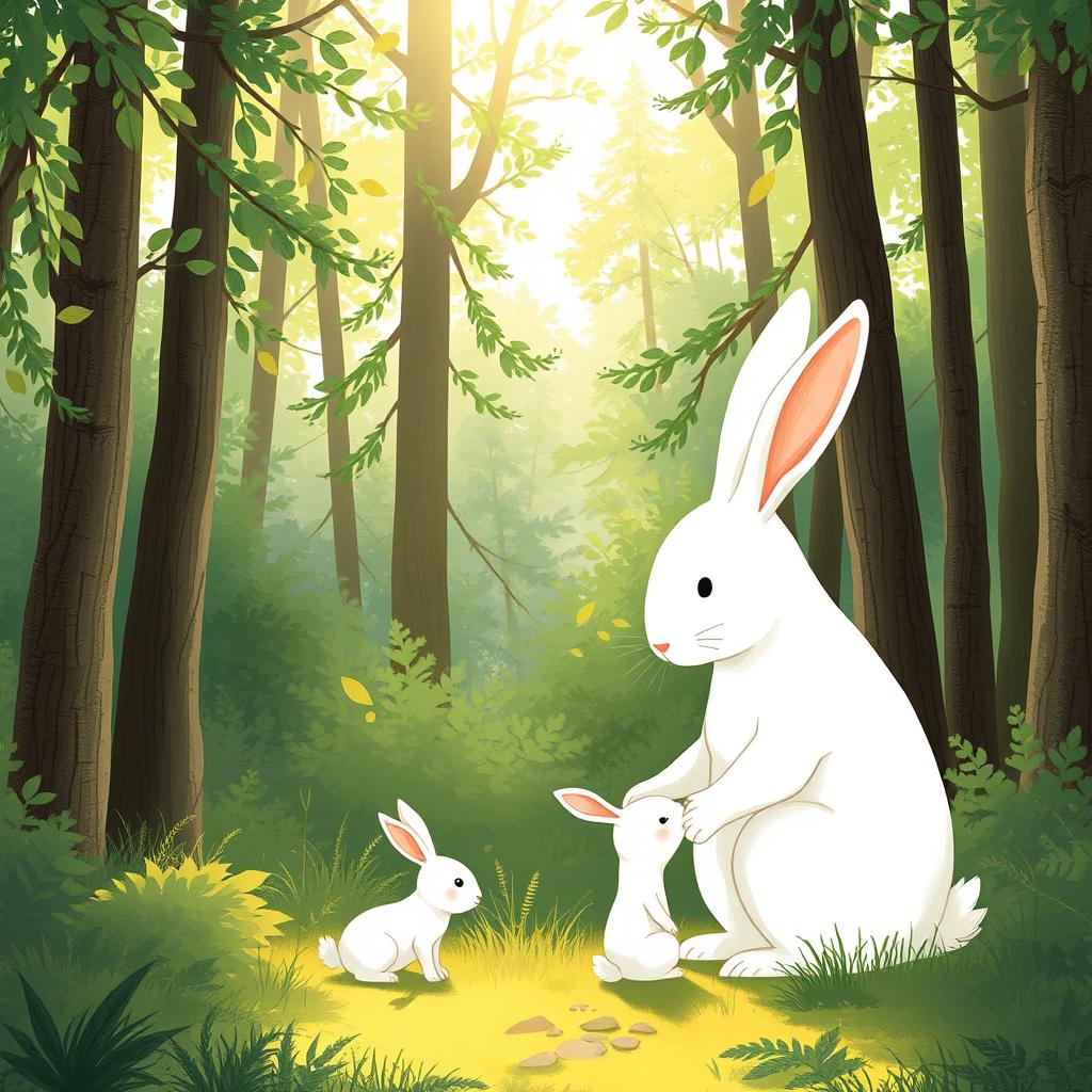 In a serene forest setting, a large white rabbit gently strokes the head of a small white rabbit, showcasing a tender moment of affection