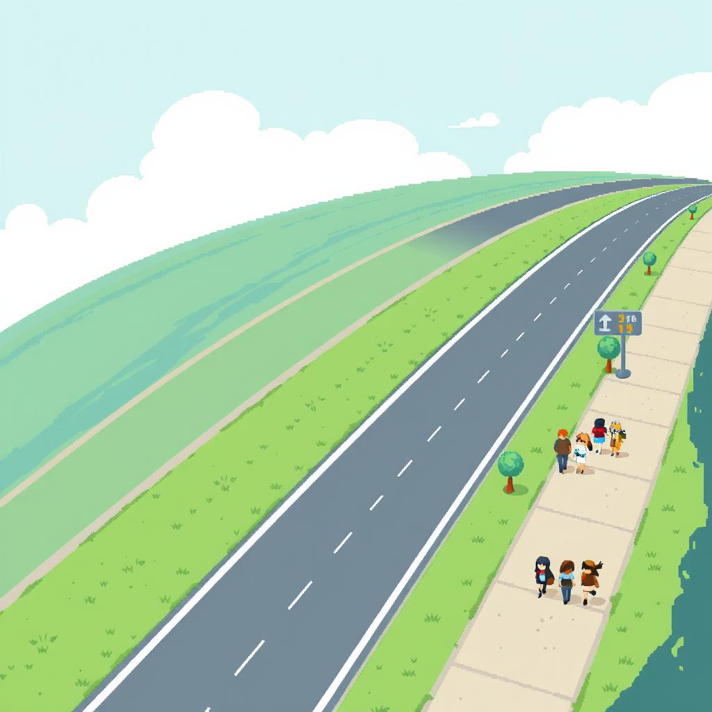 A lively pixel art scene showcasing a highway from a top-down perspective, depicting a long road with no cars in sight