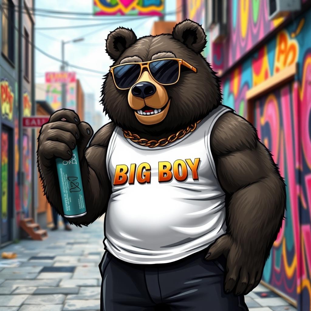 A big bear character wearing a white tank top and black pants, adorned with a flashy golden chain around its neck that says 'BIG BOY