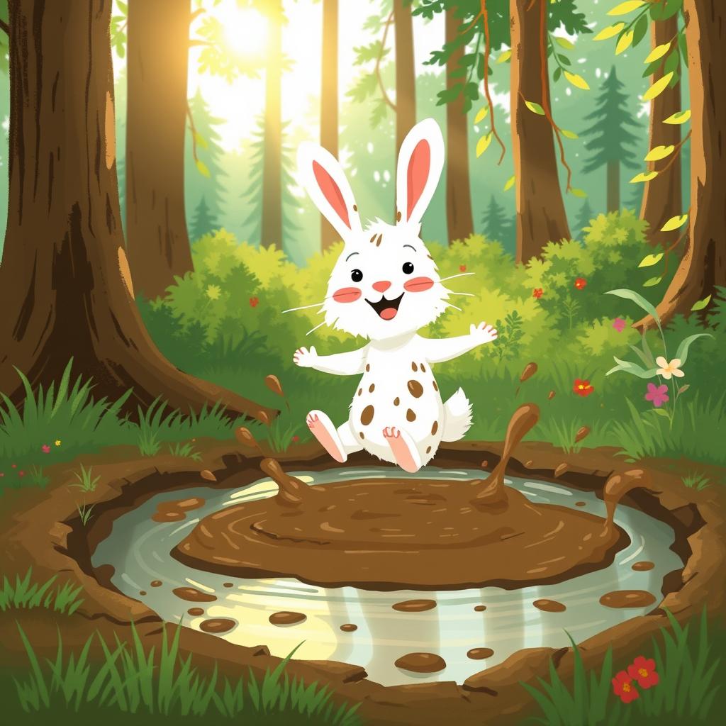 In a vibrant forest scene, a small, dirty white rabbit is joyfully playing in a muddy puddle