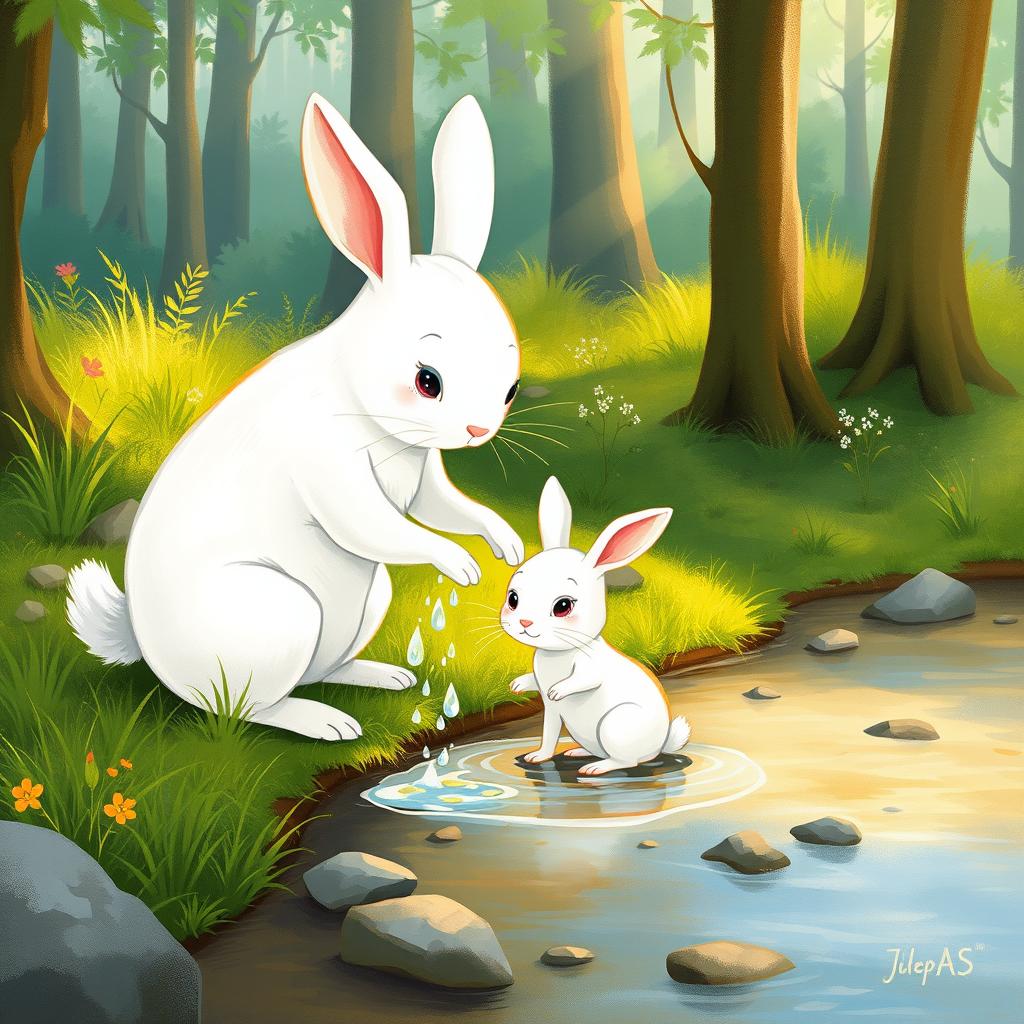 In a vibrant forest scene, a small, dirty white rabbit is being washed by a larger white rabbit by the edge of a stream
