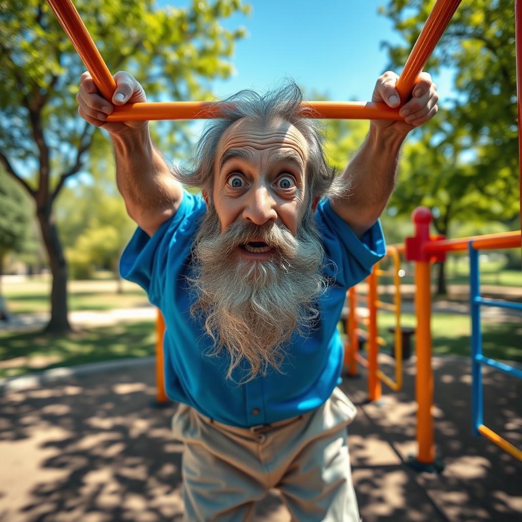 An elderly man named 'uuhh', with gray hair and a long beard, hanging upside down from a colorful playground monkey bar in a park