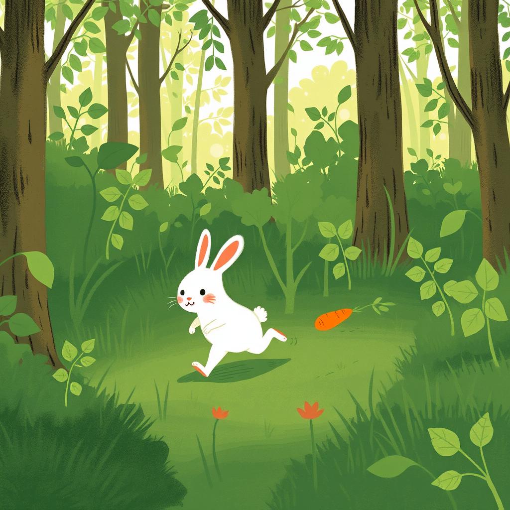 In a vibrant forest scene, a small white rabbit is joyfully running, leaving behind a bright orange carrot