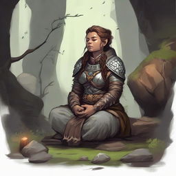 Nestled in a secluded cavern, a female dwarf druid in robust heavy armor meditates, her communion with nature evident as wooden splinters and rocks float around her, tracing intricate patterns in the soft cavern light.