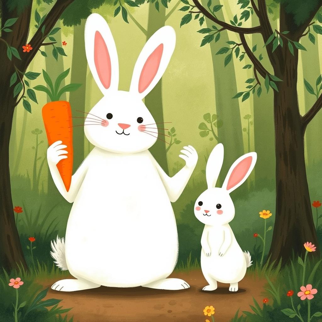 In a whimsical forest setting, a large white rabbit proudly holds a bright orange carrot, exuding a confident demeanor