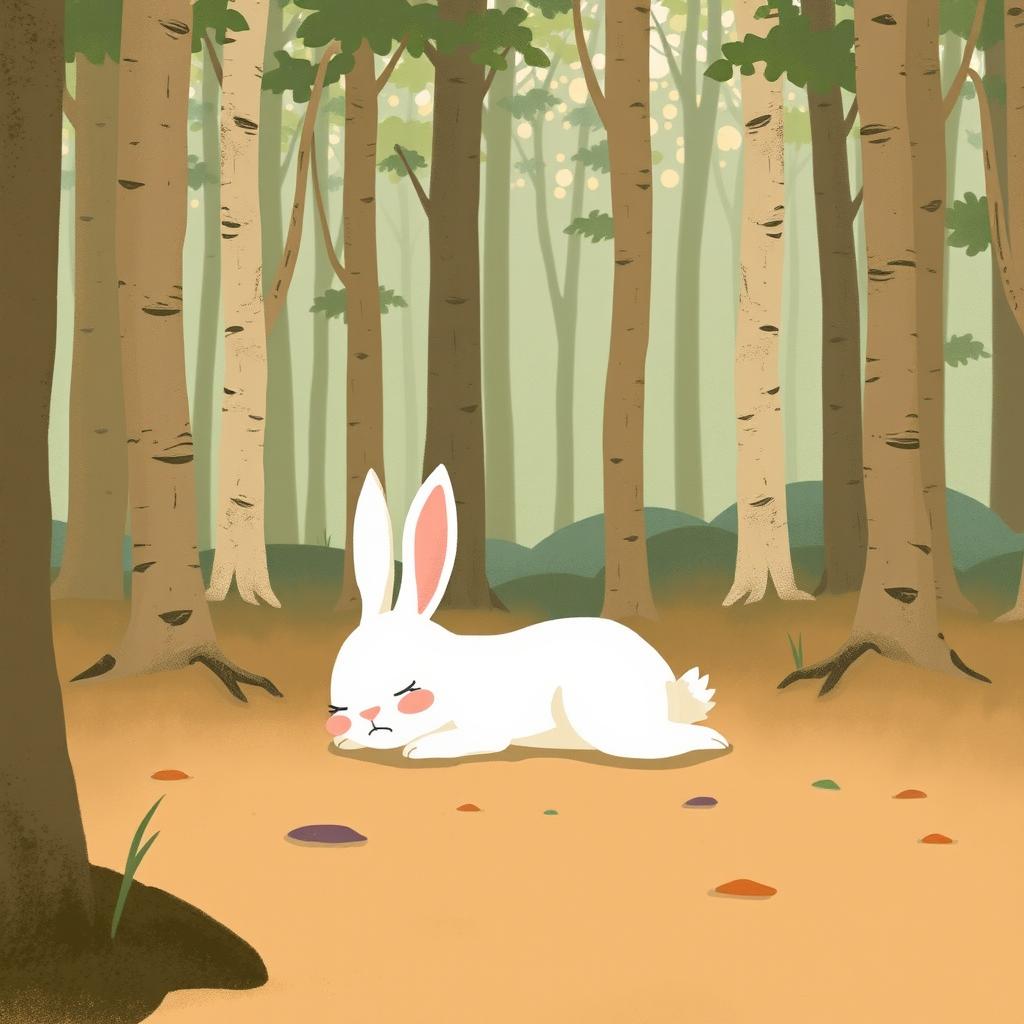 In a serene forest, a small white rabbit lies on the ground, displaying an expression of discomfort and sadness