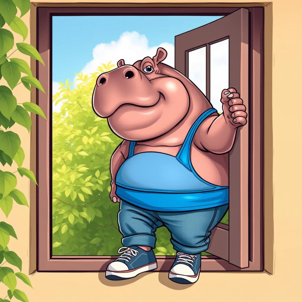 A comical scene featuring a cute, chubby Asian hippo attempting to squeeze through a window frame