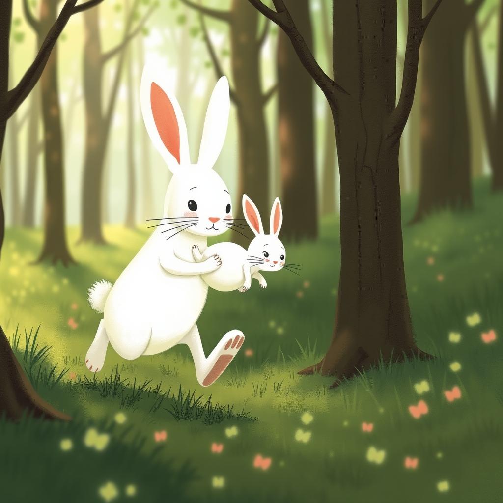In a lush forest, a big white rabbit is running while holding a small white rabbit who has an expression of discomfort and sadness