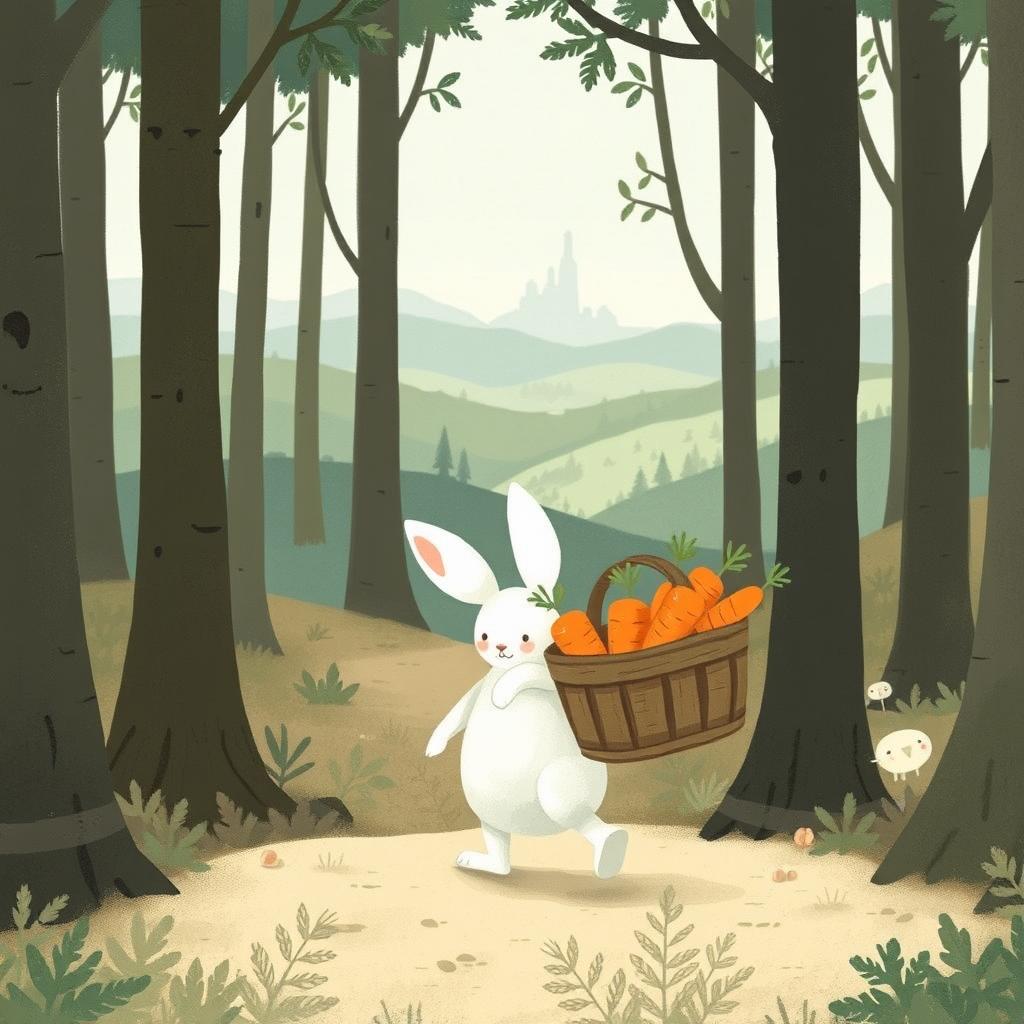 In a charming forest scene, a small white rabbit is seen walking away from the trees with a basket full of carrots on its back