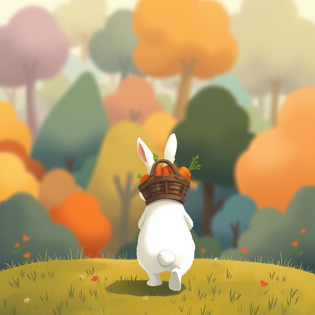 In a distant view of a vibrant forest, a small white rabbit is seen walking away with a basket full of carrots strapped to its back