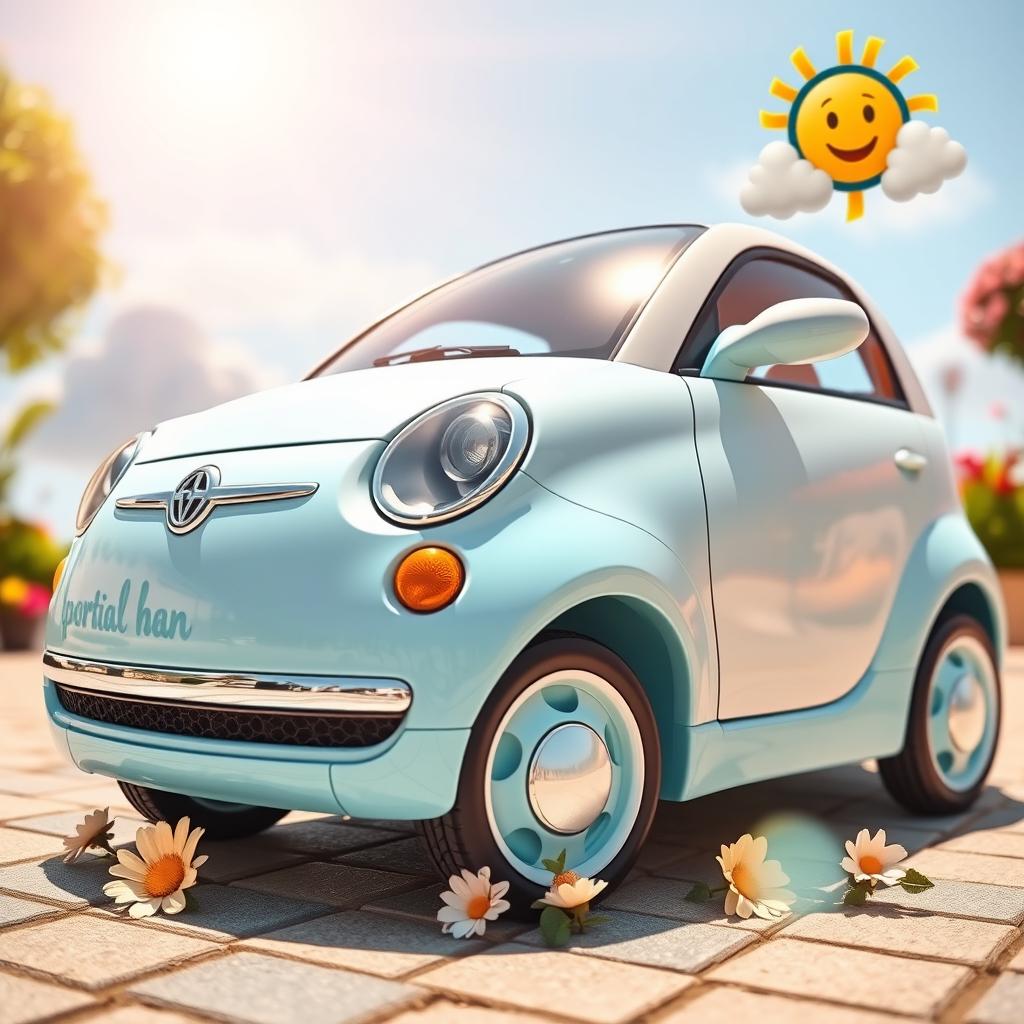 A cute and charming car parked in a vibrant, sunlit environment
