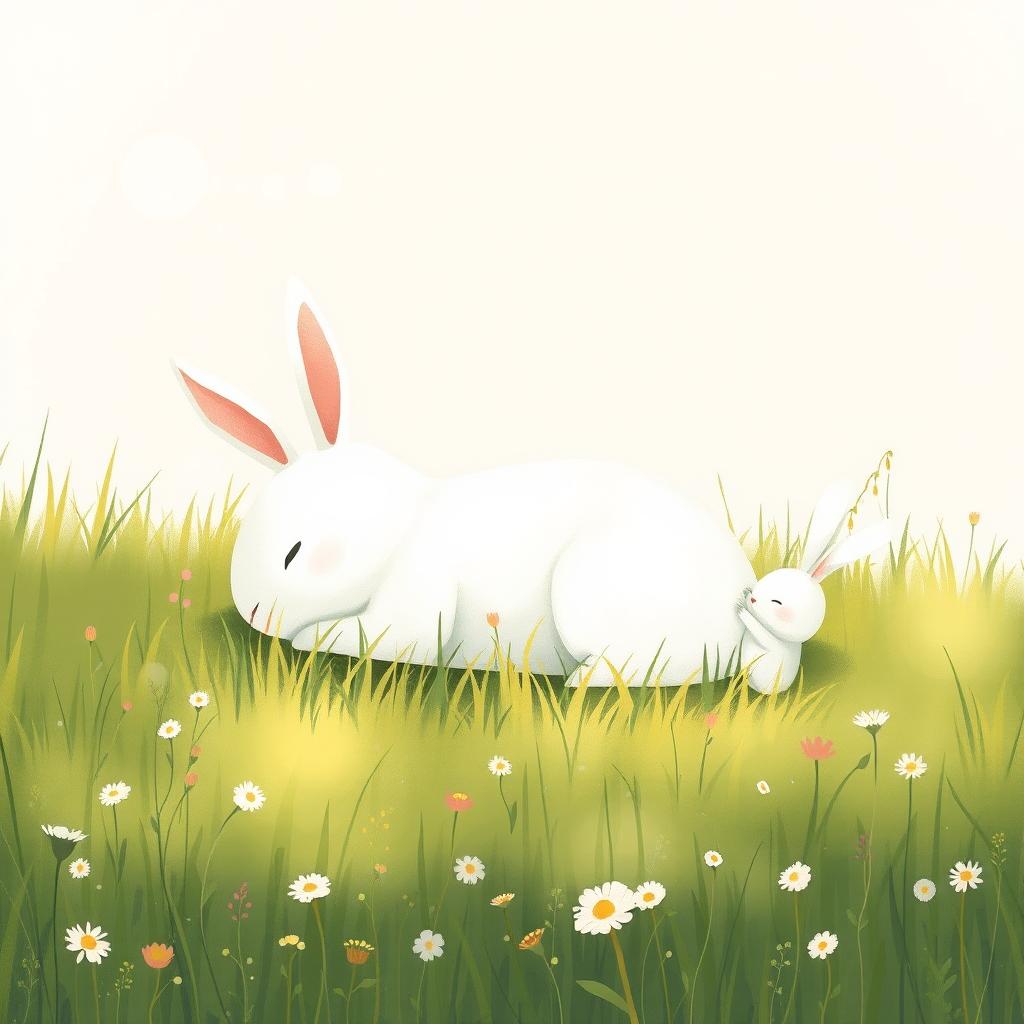 In a serene meadow, a large white rabbit is comfortably lying on the grass, peacefully dreaming