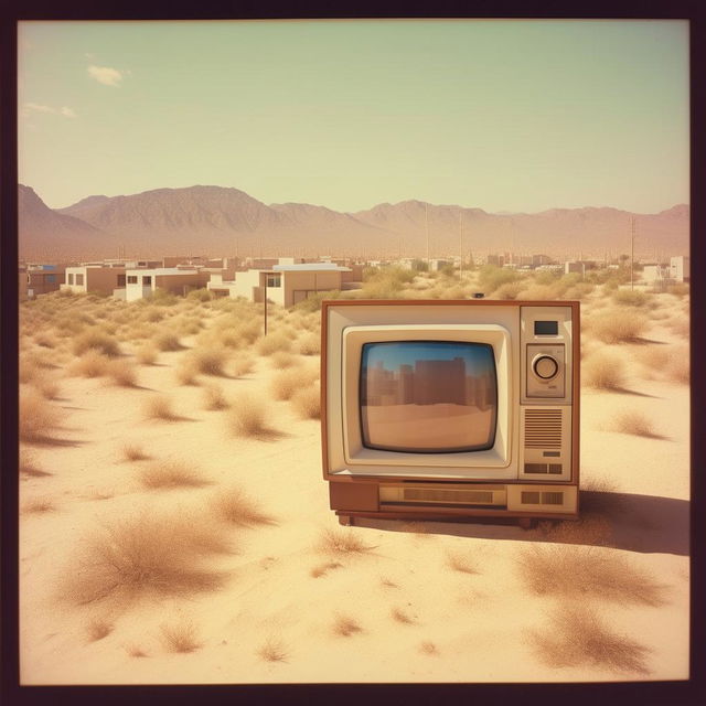 A vintage Polaroid photograph showing an 80s television set of an urban cityscape, oddly located in the middle of a barren desert.