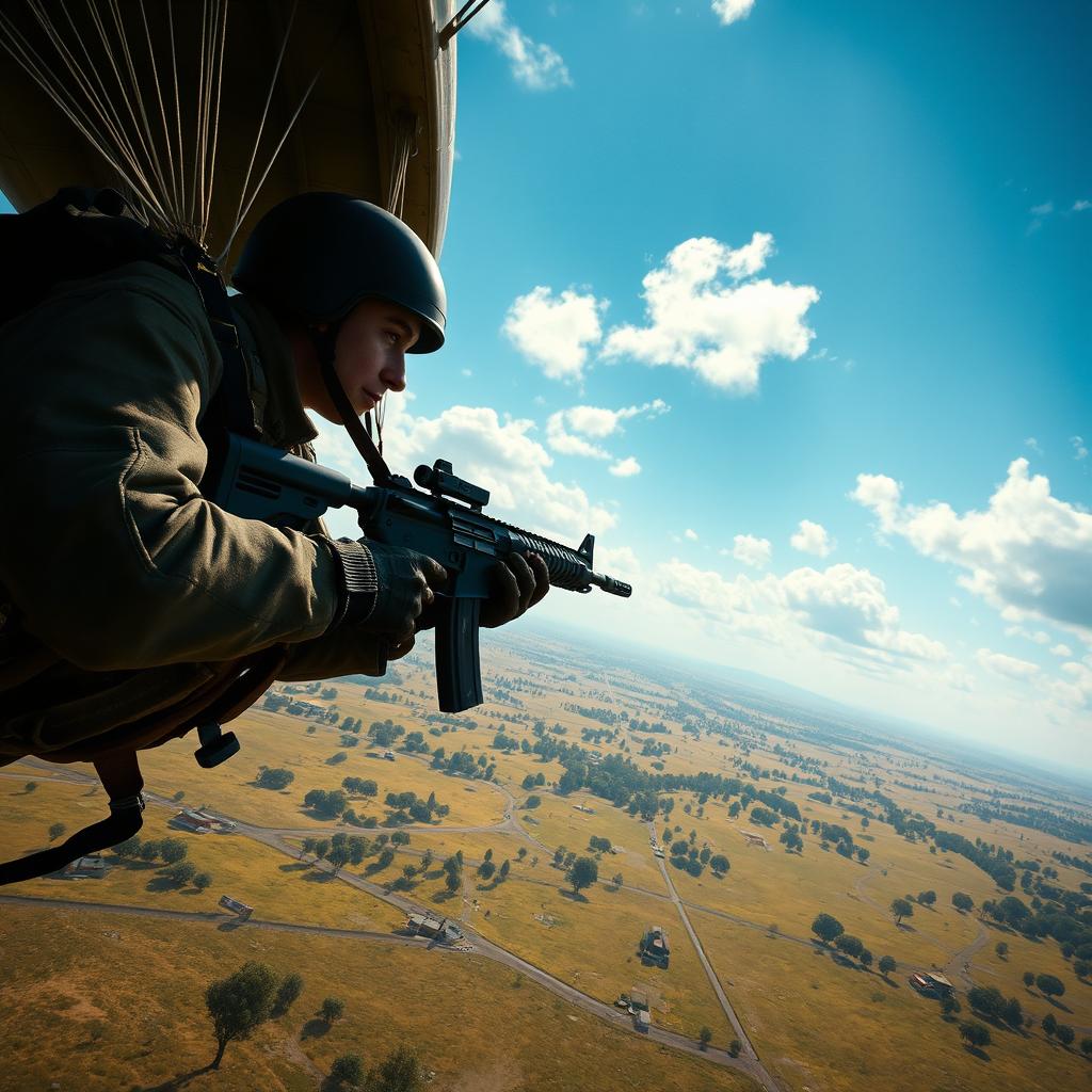 A thrilling scene depicting a character parachuting from an airplane in the midst of a battle in a vast open landscape, preparing to shoot with precision as they descend