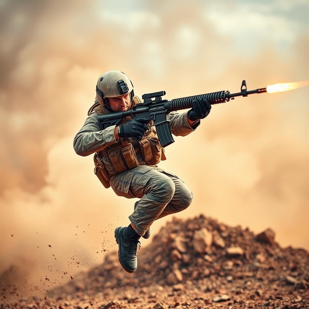 A dynamic scene featuring a skilled soldier performing a jump shoot with an M416 rifle, taking aim and hitting a target headshot