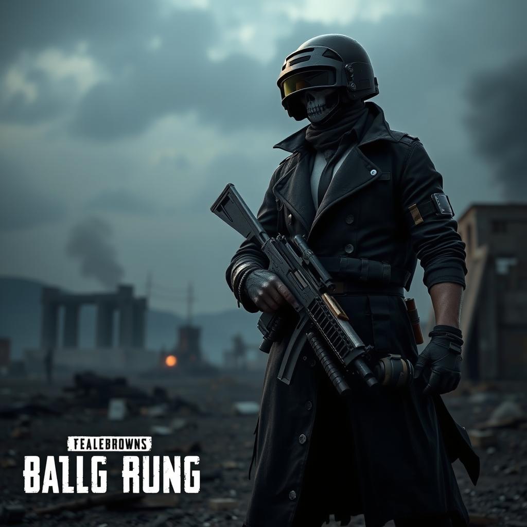 A dark, brooding PUBG character, wearing a tattered black trench coat, a skull mask, and tactical gear with various pouches