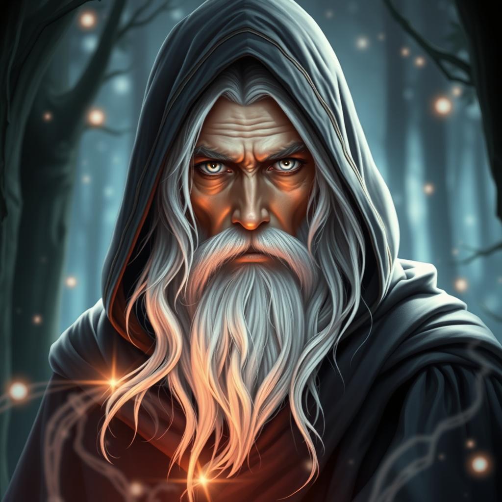A striking half-elf man wizard, elegantly draped in a hooded cloak that exudes an air of mystery