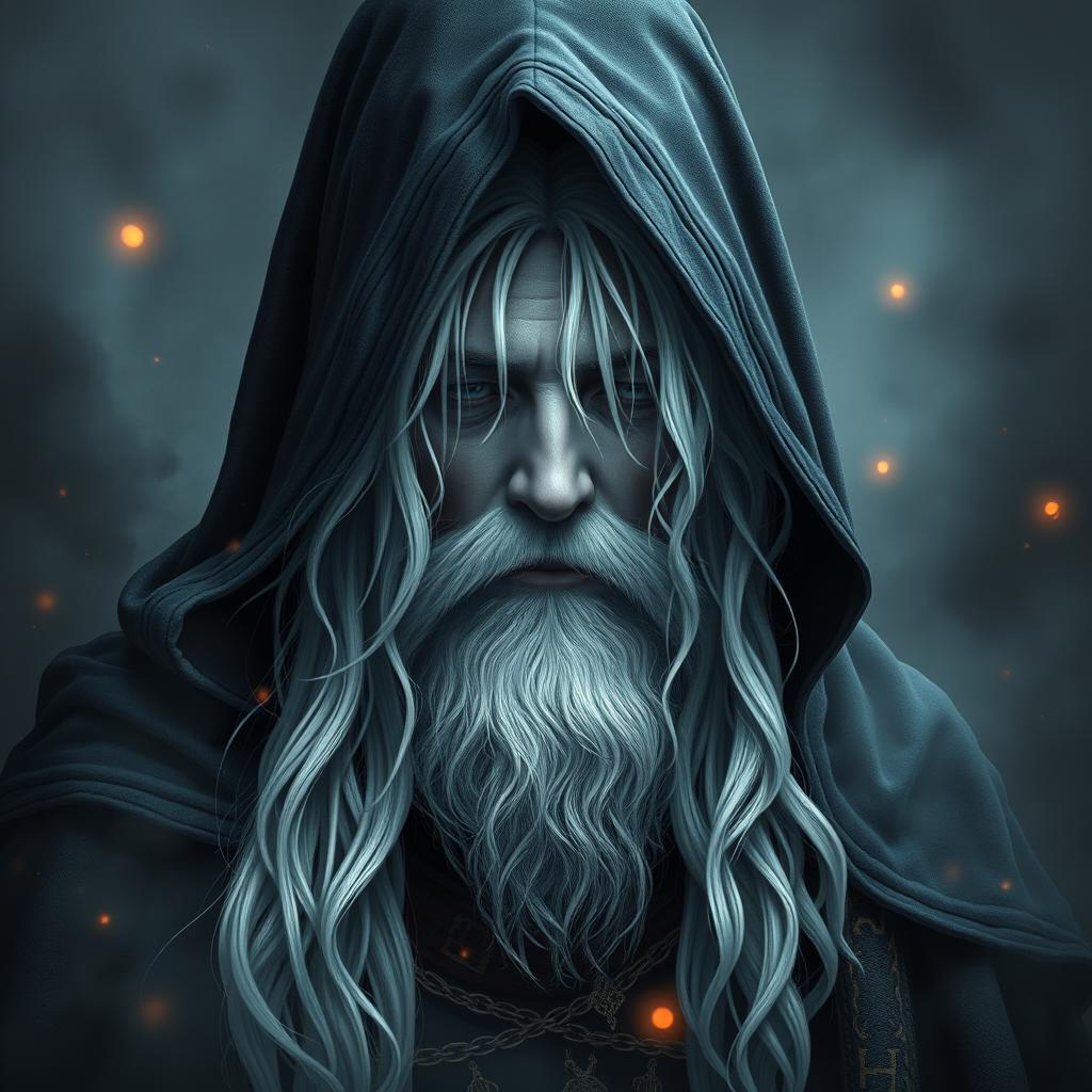 A mysterious half-elf man wizard, cloaked in an intricate, dark hood that obscures his features
