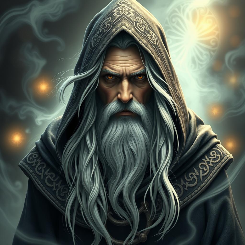 A mysterious half-elf man wizard, wearing an intricately designed hooded cloak that adds to his enigmatic presence