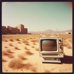 A vintage Polaroid photograph showing an 80s television set of an urban cityscape, oddly located in the middle of a barren desert.