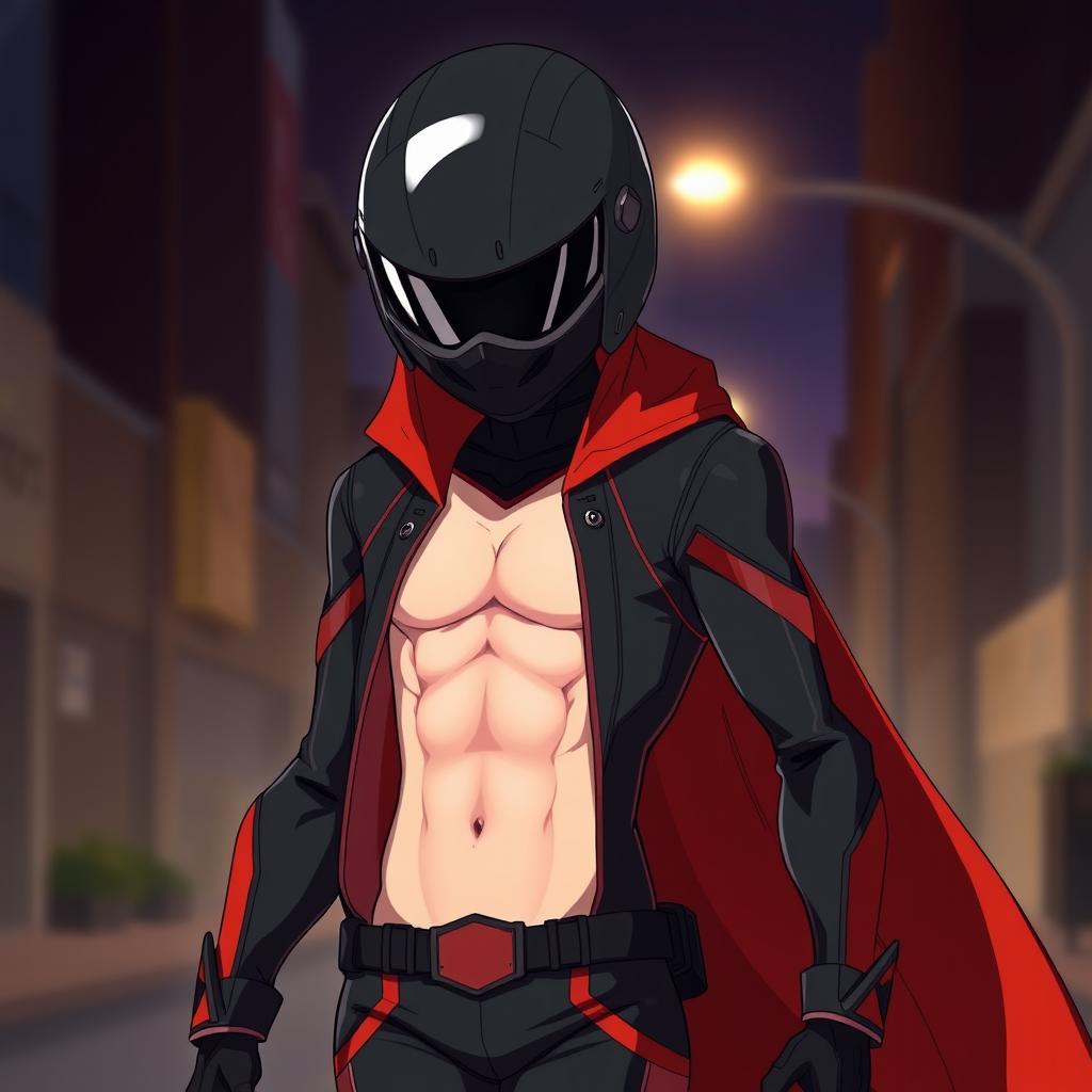 A teenage anime boy, slender and androgynous, wearing a sleek black and red vigilante suit that features exposed midriff and slightly visible abs