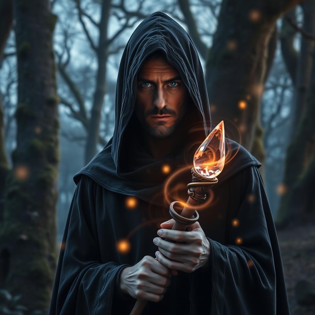 A solemn wizard dressed in a dark, flowing hooded robe, standing in a mystical forest at dusk