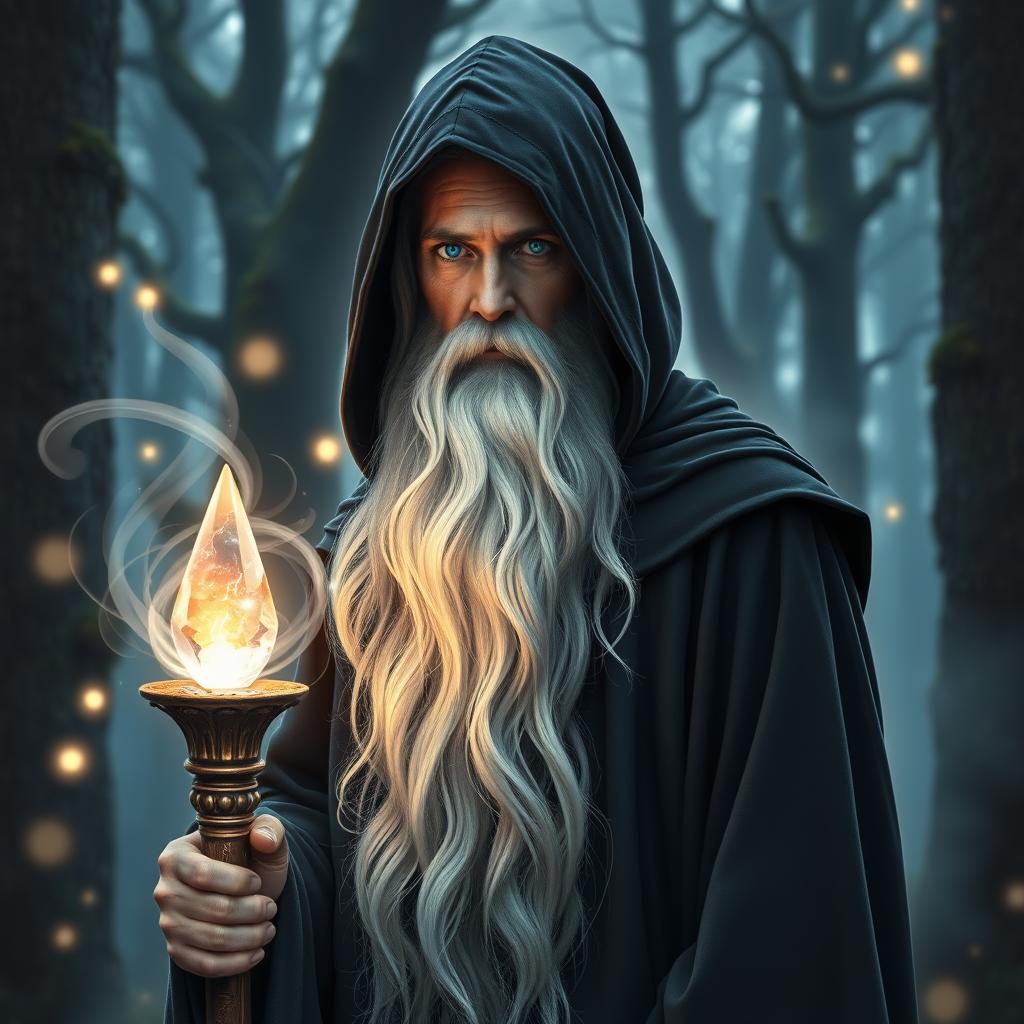 A solemn wizard dressed in a dark, flowing hooded robe, standing in a mystical forest at dusk