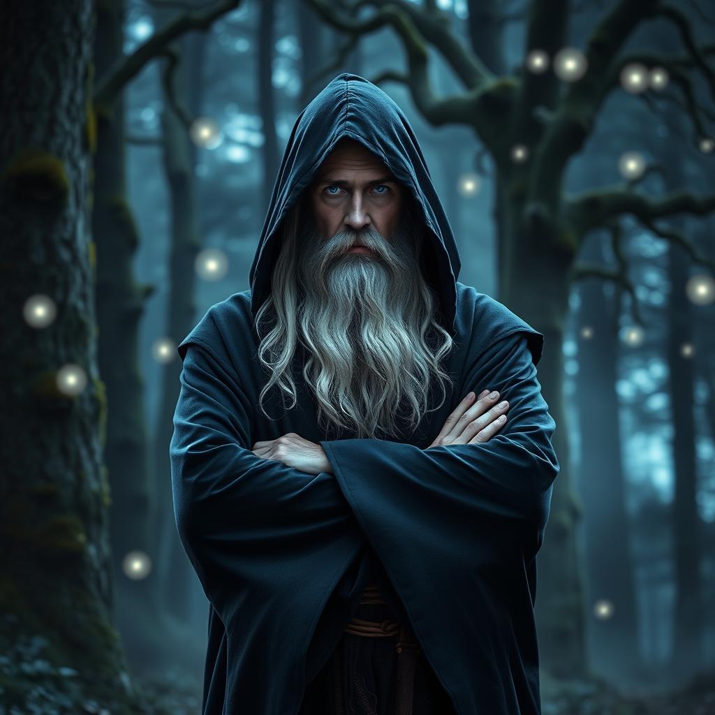 A solemn wizard dressed in a dark, flowing hooded robe, standing in a mystical forest at dusk