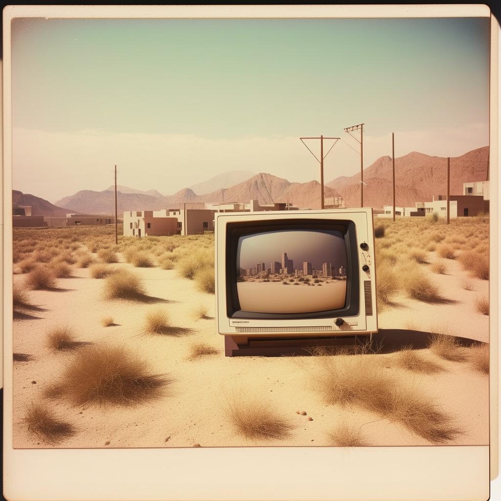 A vintage Polaroid photograph showing an 80s television set of an urban cityscape, oddly located in the middle of a barren desert.