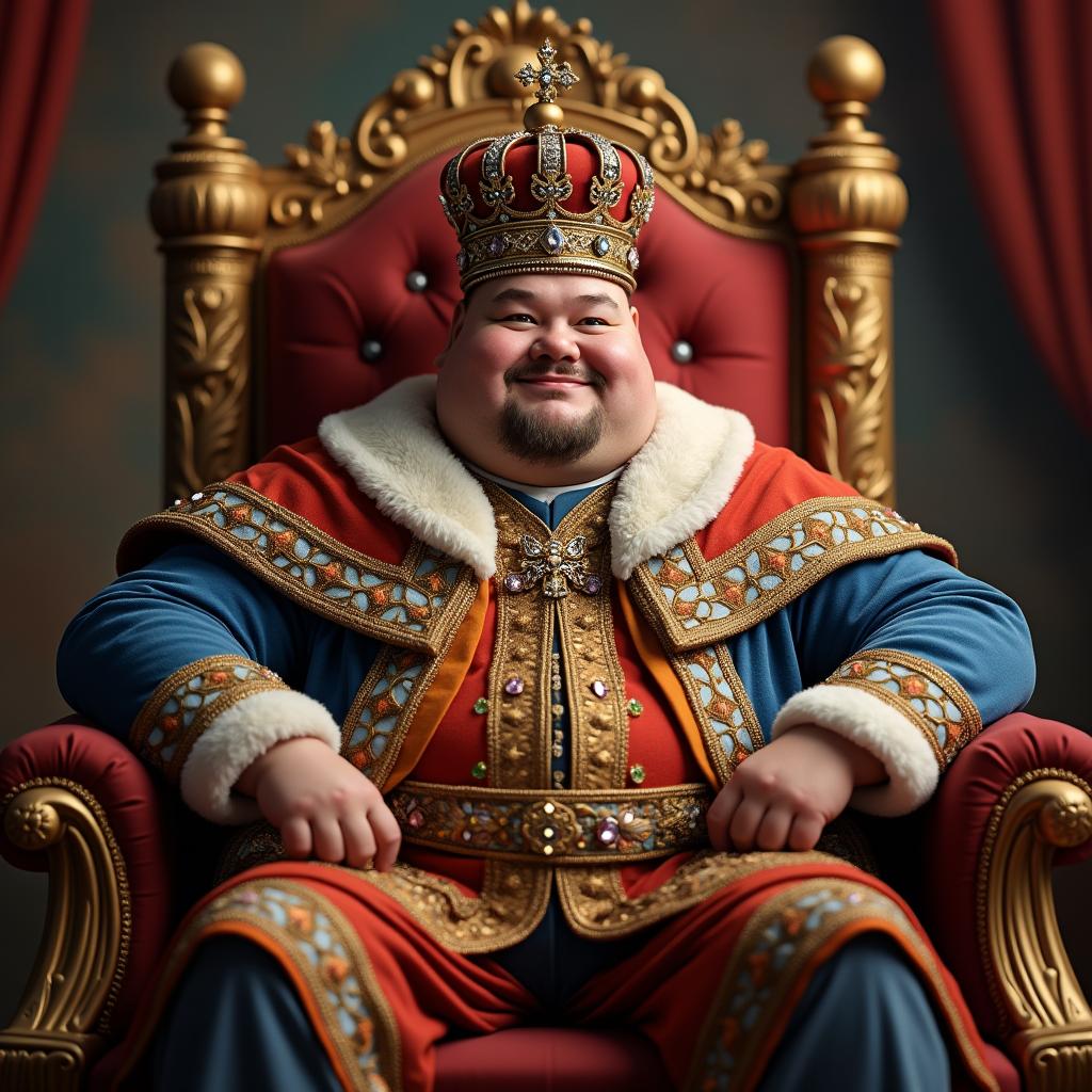 A portrait of a regal, overweight king sitting on an ornate throne, adorned in lavish, colorful robes with intricate patterns