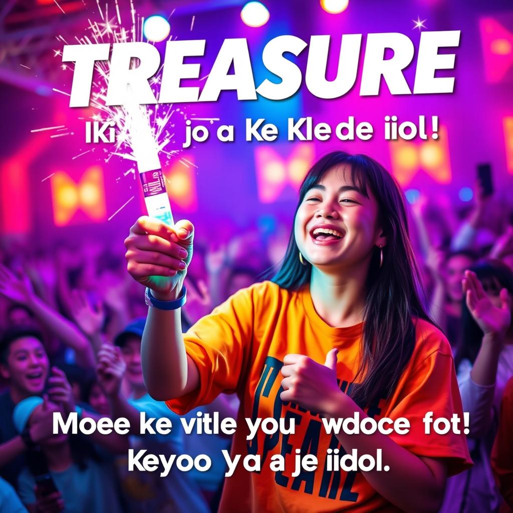 A colorful and dynamic scene featuring a fan holding a TREASURE lightstick, energetically cheering in a vibrant concert atmosphere