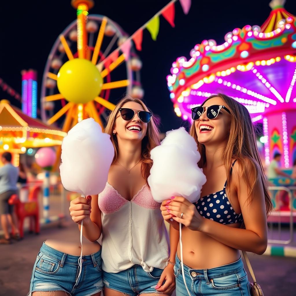 A vibrant scene showcasing two best friends having a fun-filled day at a colorful carnival