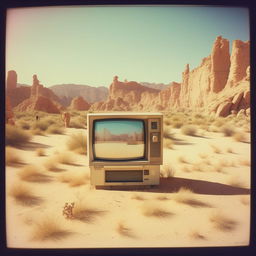 A vintage Polaroid photograph showing an 80s television set of an urban cityscape, oddly located in the middle of a barren desert.