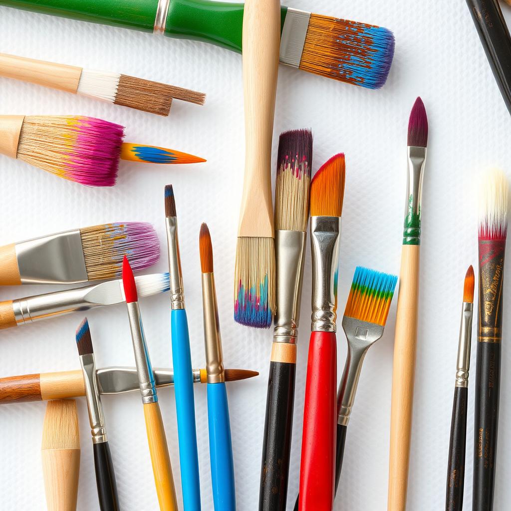 A collection of various paint brushes arranged artistically, showcasing a variety of brush sizes and shapes, each with vibrant paint colors on their bristles